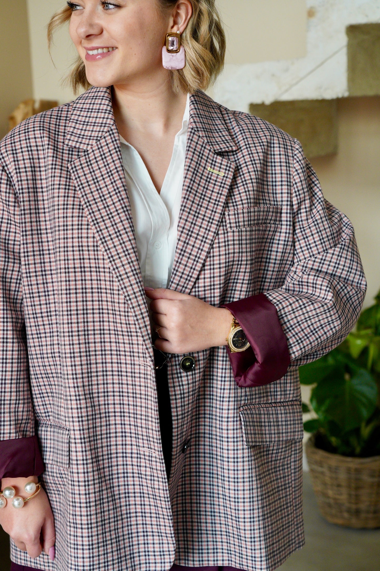 Blazer oversize Impérial - Modèle Âme - Bordeaux carreaux